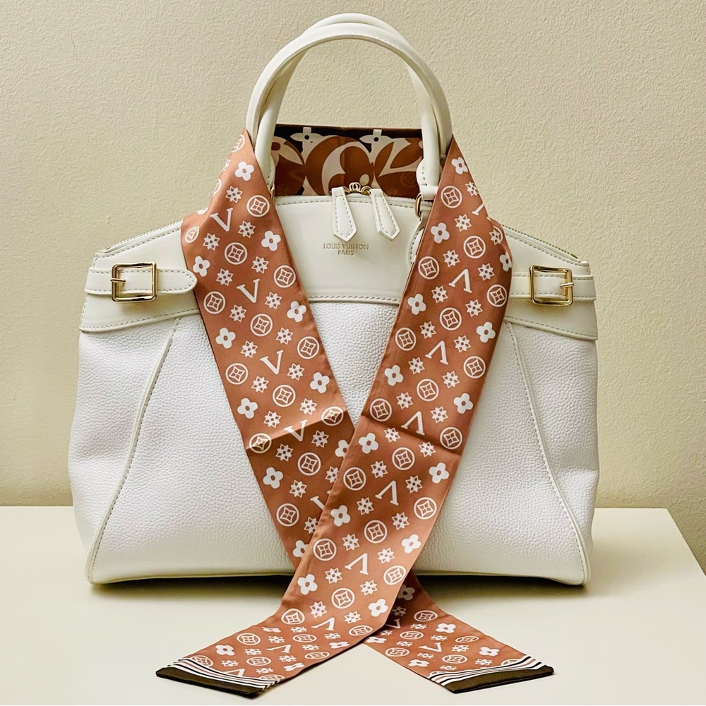 Big Twilly: Luxe Silk Twilly Scarf - Brown & Cream Monogram Print - Picture 7 of 9